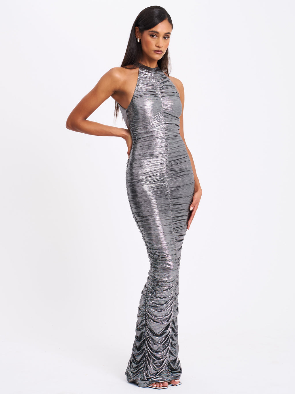 Abril Ruched Silver Glitter Backless Gown - HOUSE OF SHE