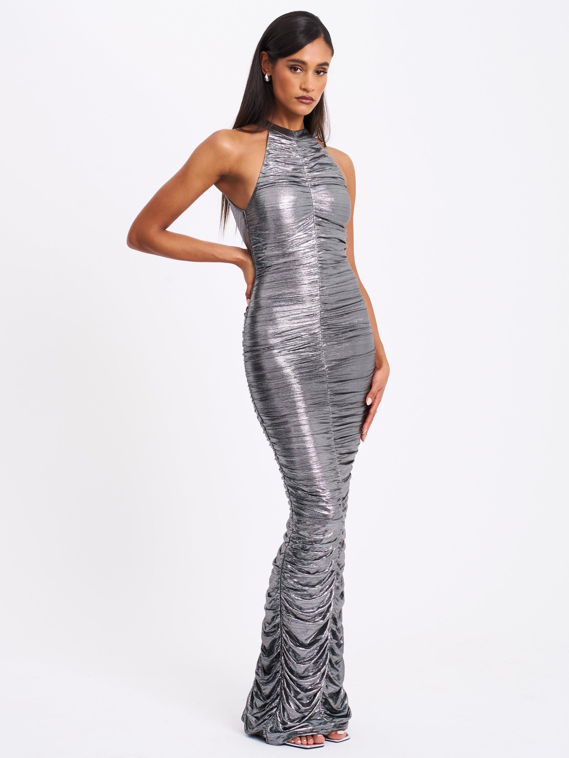 Abril Ruched Silver Glitter Backless Gown - HOUSE OF SHE
