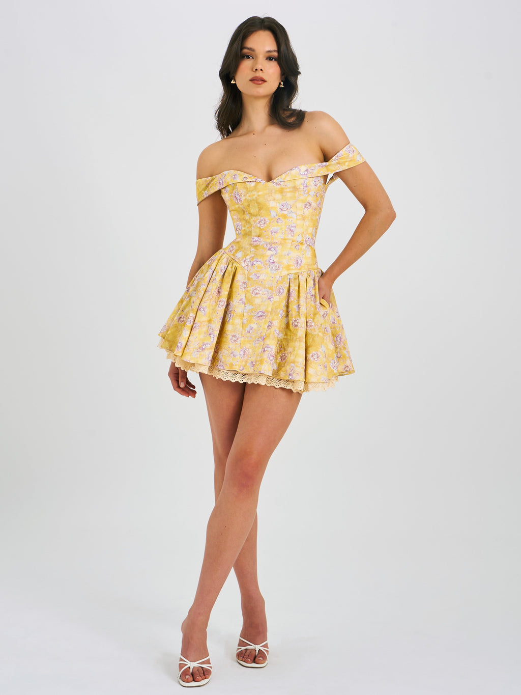 Oana Floral Print Linen Off Shoulder Mini Dress - HOUSE OF SHE