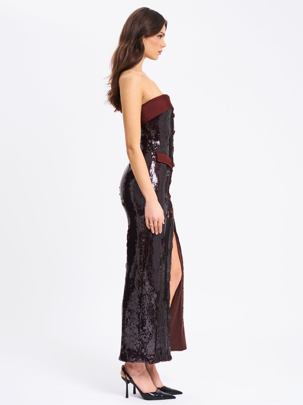 Qadira Burgundy Brown Sequin Maxi Pencil Dress  HOUSE OF SHE