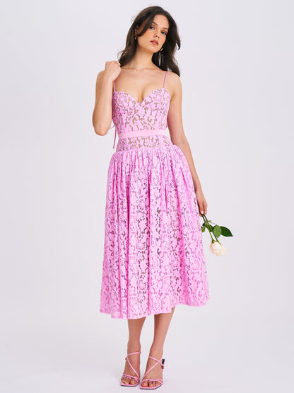 Lorena Pink Lace Drop Waist Midi Dress