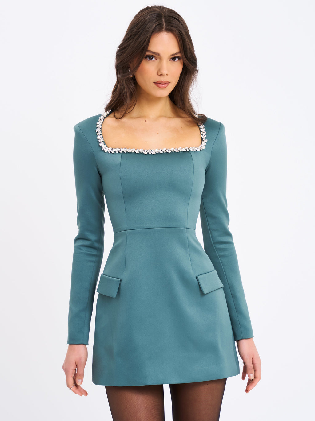 Gabella Dark Green Long Sleeve A-line Mini Dress with Crystal Trim  HOUSE OF SHE