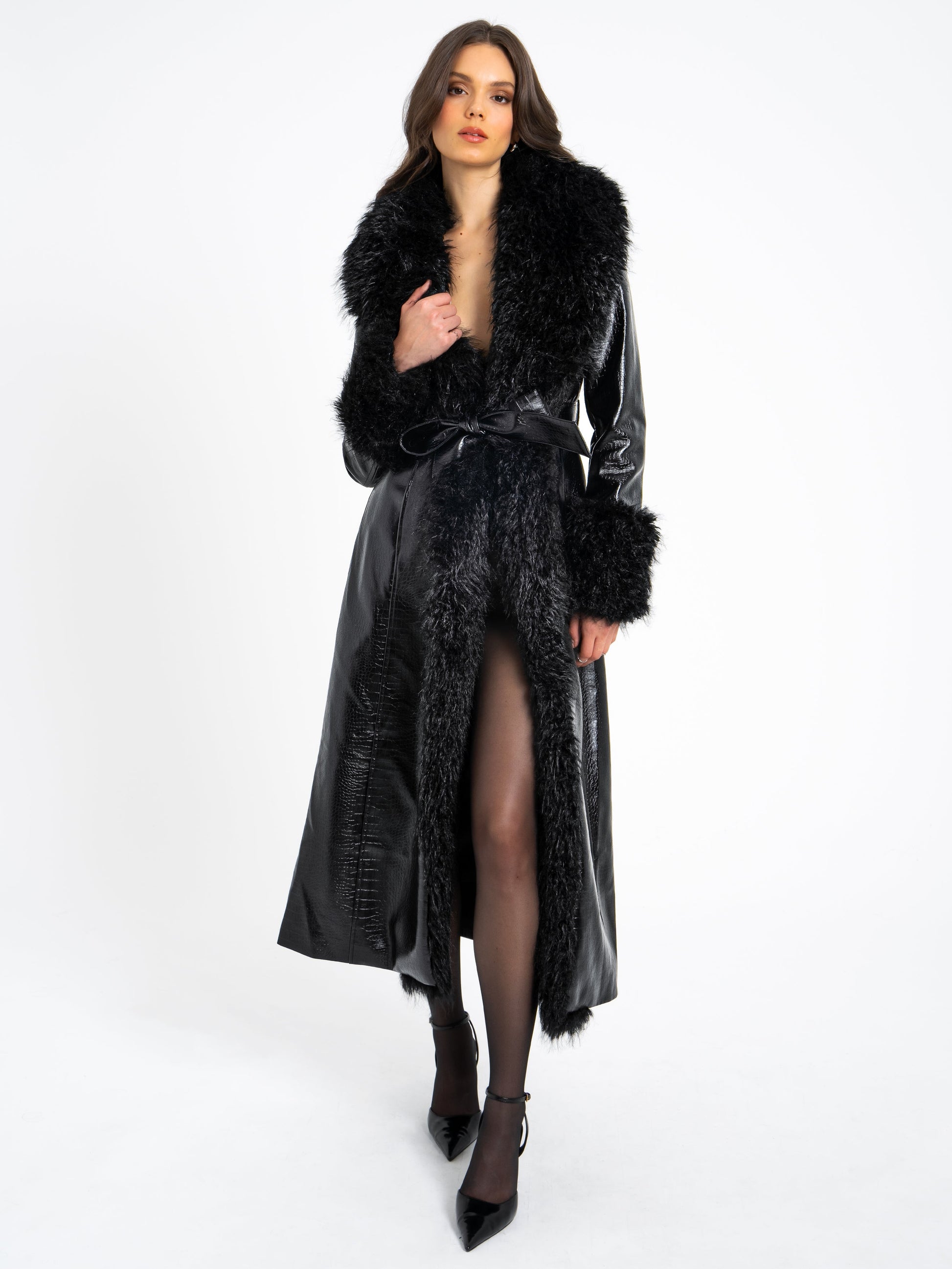 Zella Black Fur Vegan Croc Leather Coat