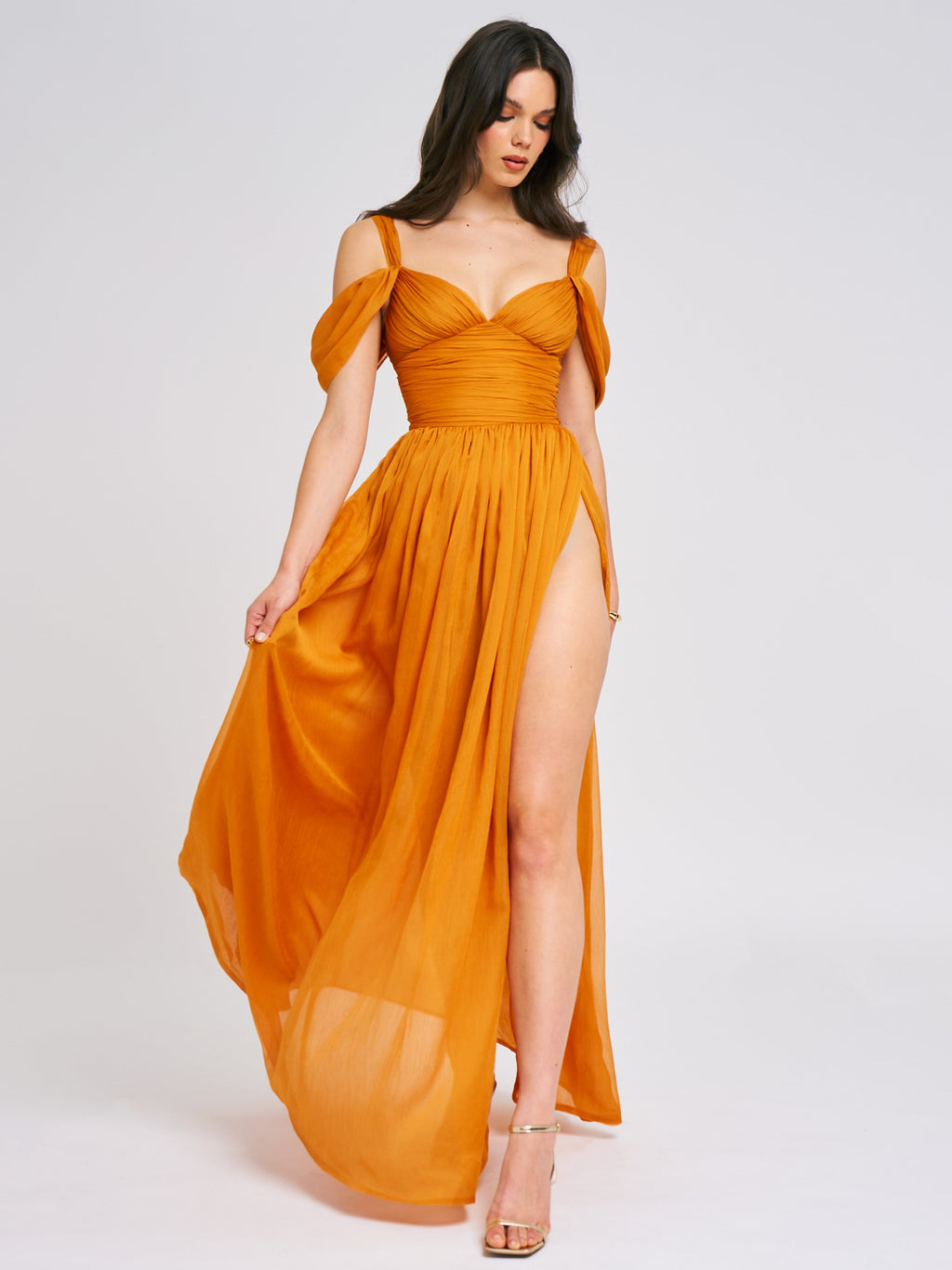 Jelani Layered Mesh High-Slit Drape Maxi Dress  HOUSE OF SHE