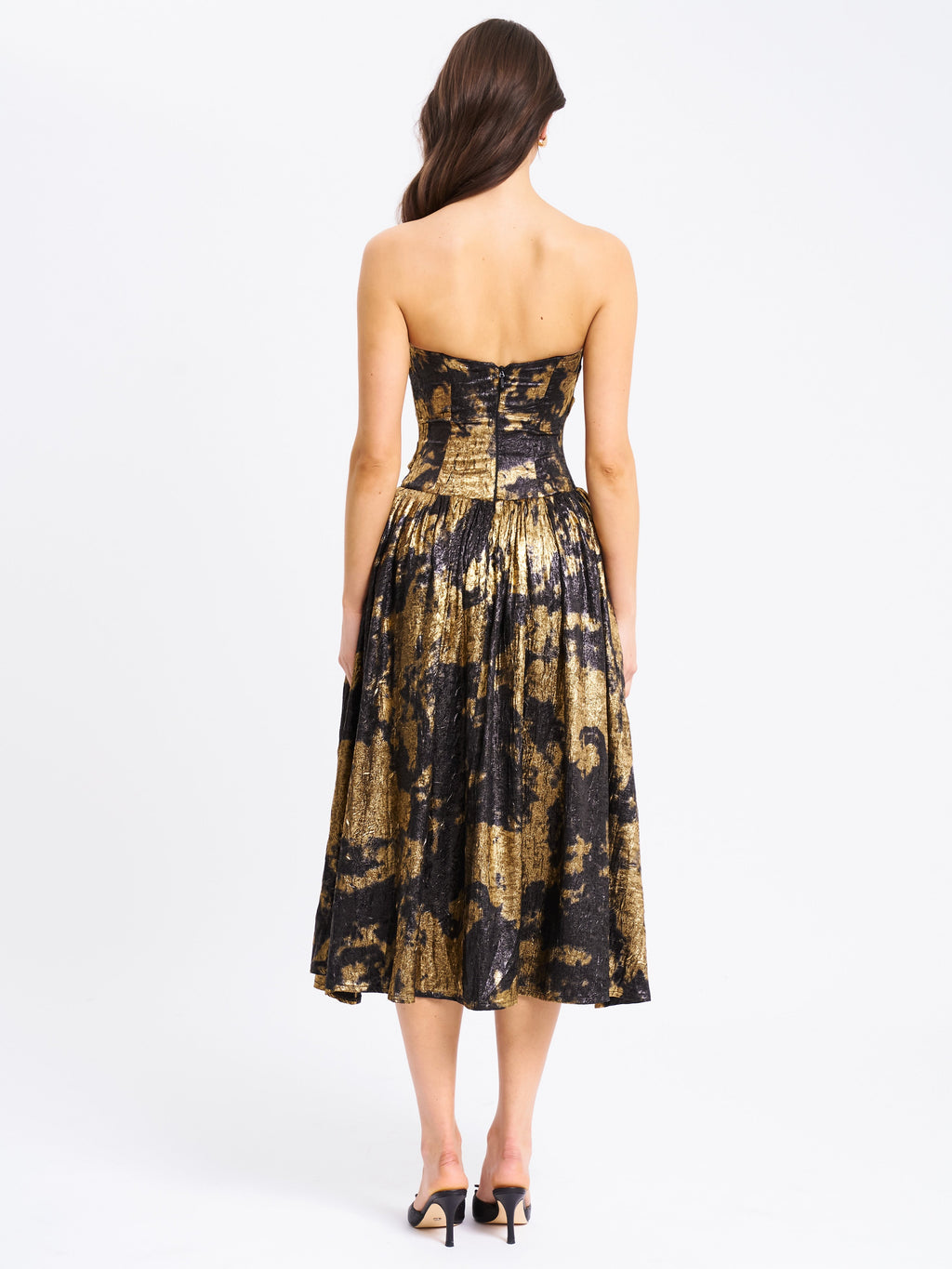 Saanvi Gold Tie Dye Bronzing Strapless Drop Waist Midi Dress  HOUSE OF SHE