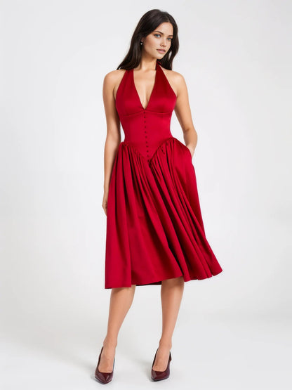 Cara Red Plunging Halter Backless Maxi Dress