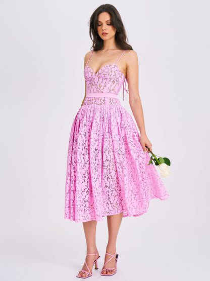 Lorena Pink Lace Drop Waist Midi Dress