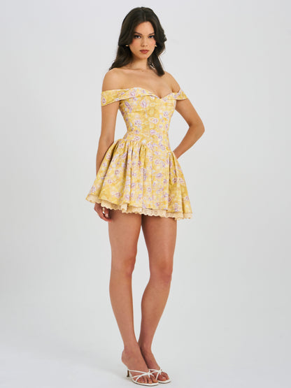 Oana Floral Print Linen Off Shoulder Mini Dress