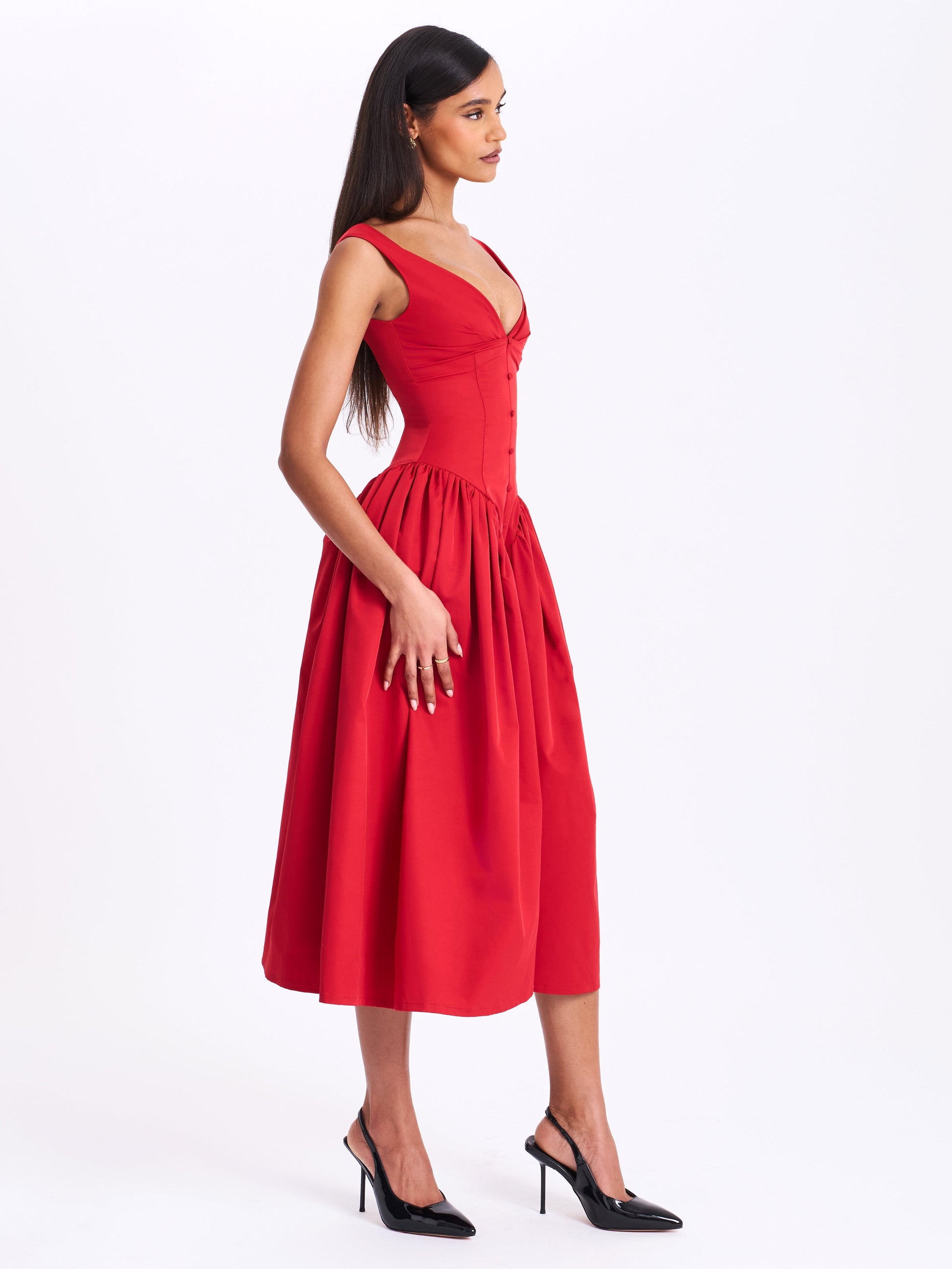 Nahla Red Drop Waist Midi Dress with Buttons - HOUSE OF SHE