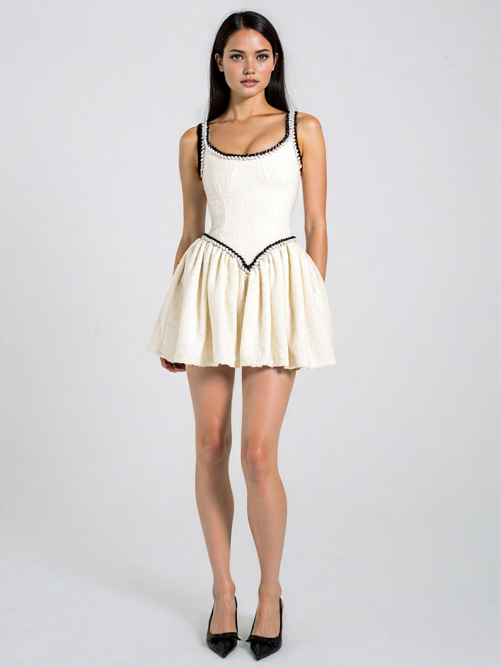 Coco White Boucle Tweed V Waist Mini Dress - HOUSE OF SHE
