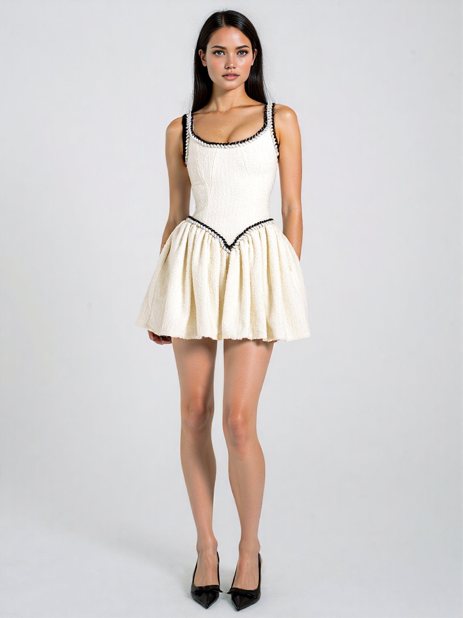 Coco White Boucle Tweed V Waist Mini Dress