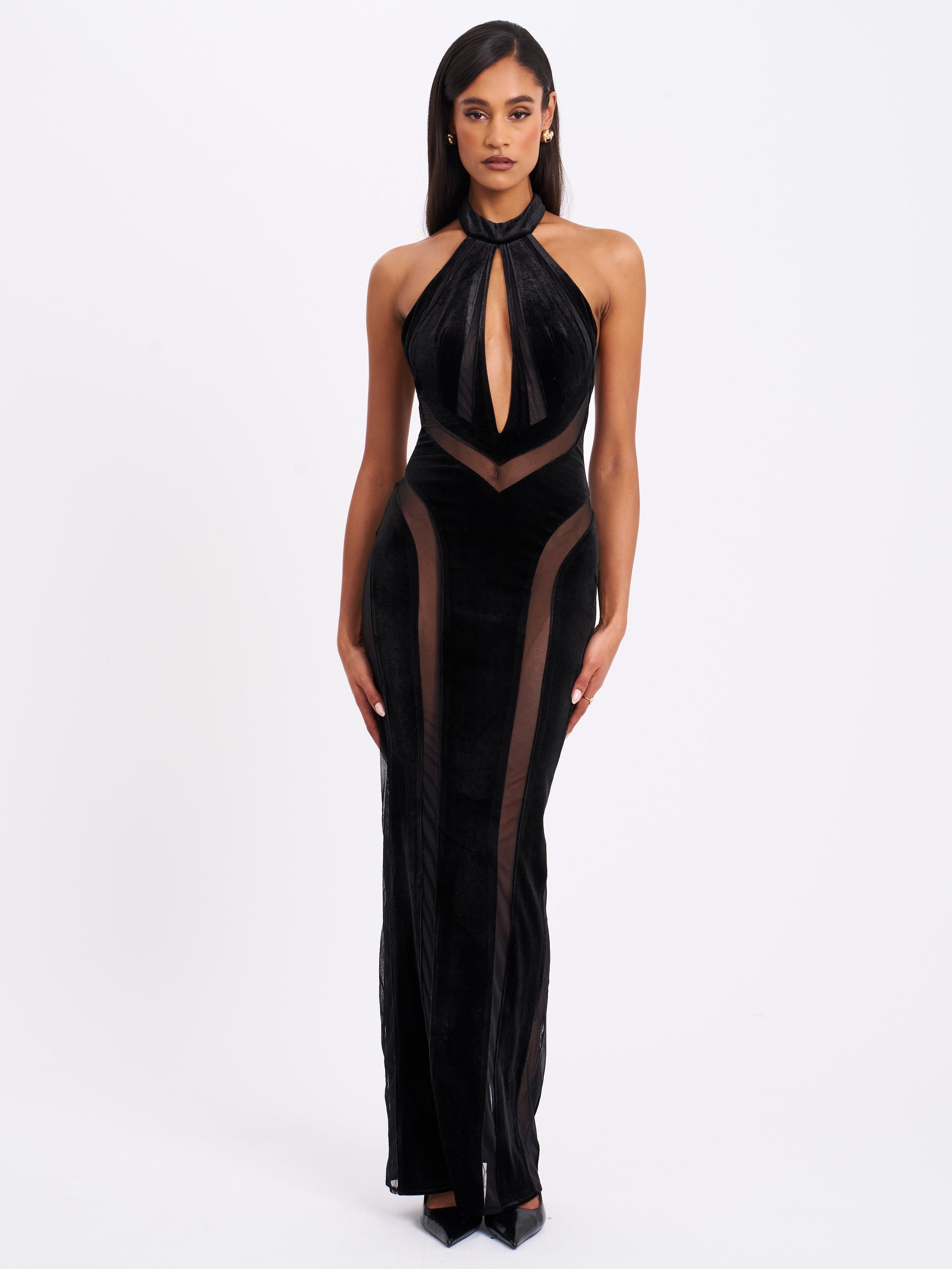Paityn Black Velvet Mesh Cutout Halter Gown - HOUSE OF SHE