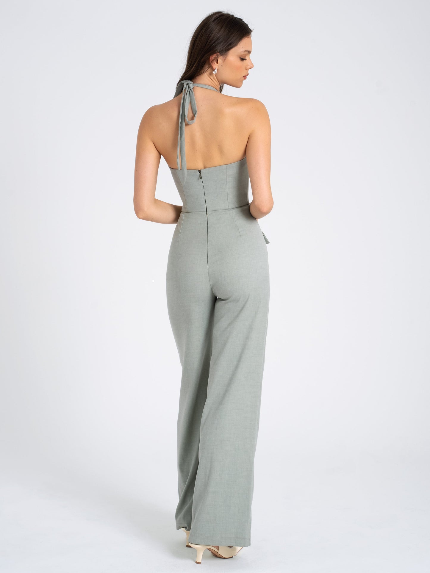 Zaria Sage Green Wide Leg Halter Jumpsuit  HOUSE OF SHE