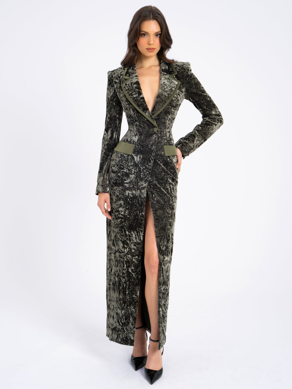 Willow Green Glossy Velvet High Slit Blazer Gown - HOUSE OF SHE