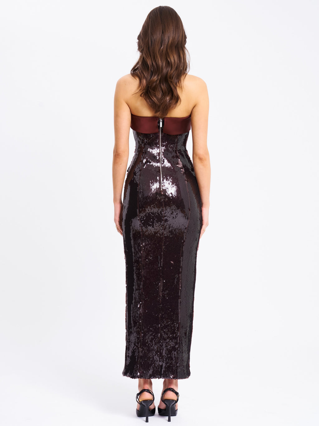 Qadira Burgundy Brown Sequin Maxi Pencil Dress  HOUSE OF SHE