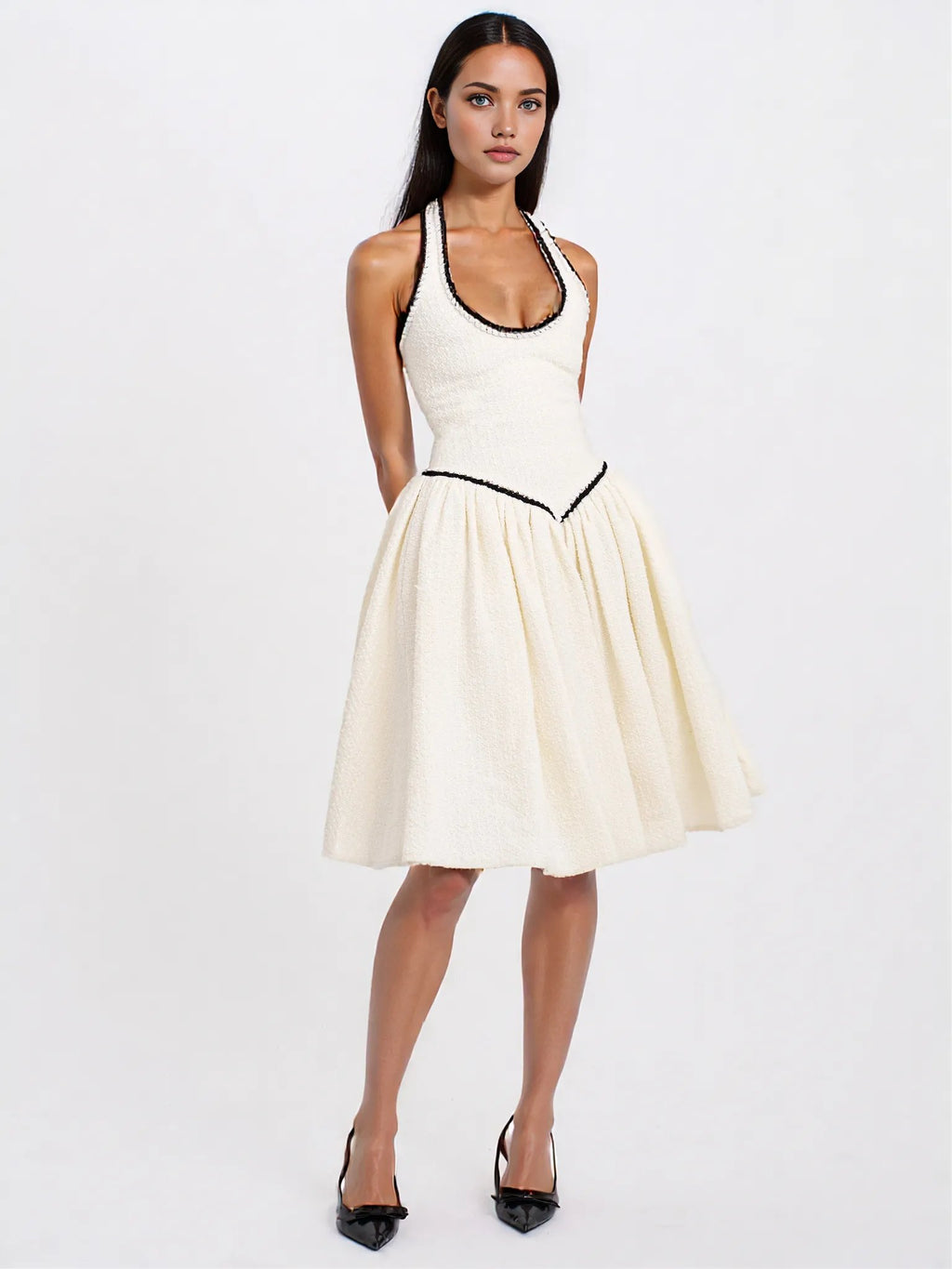 Natalie U Neck Halter Drop Waist Tweed Midi Dress - HOUSE OF SHE
