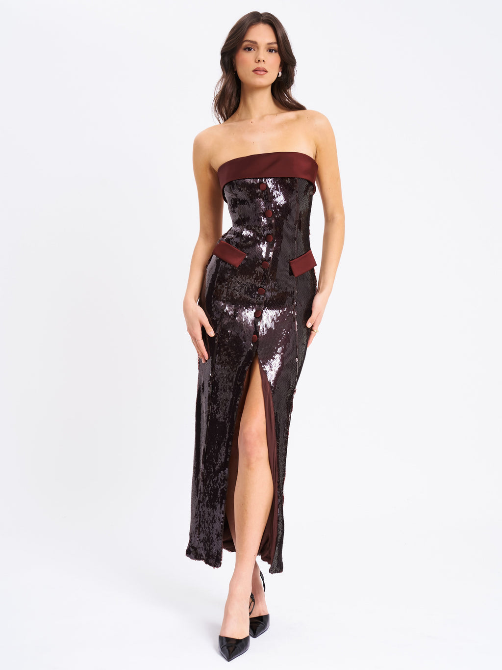Qadira Burgundy Brown Sequin Maxi Pencil Dress  HOUSE OF SHE