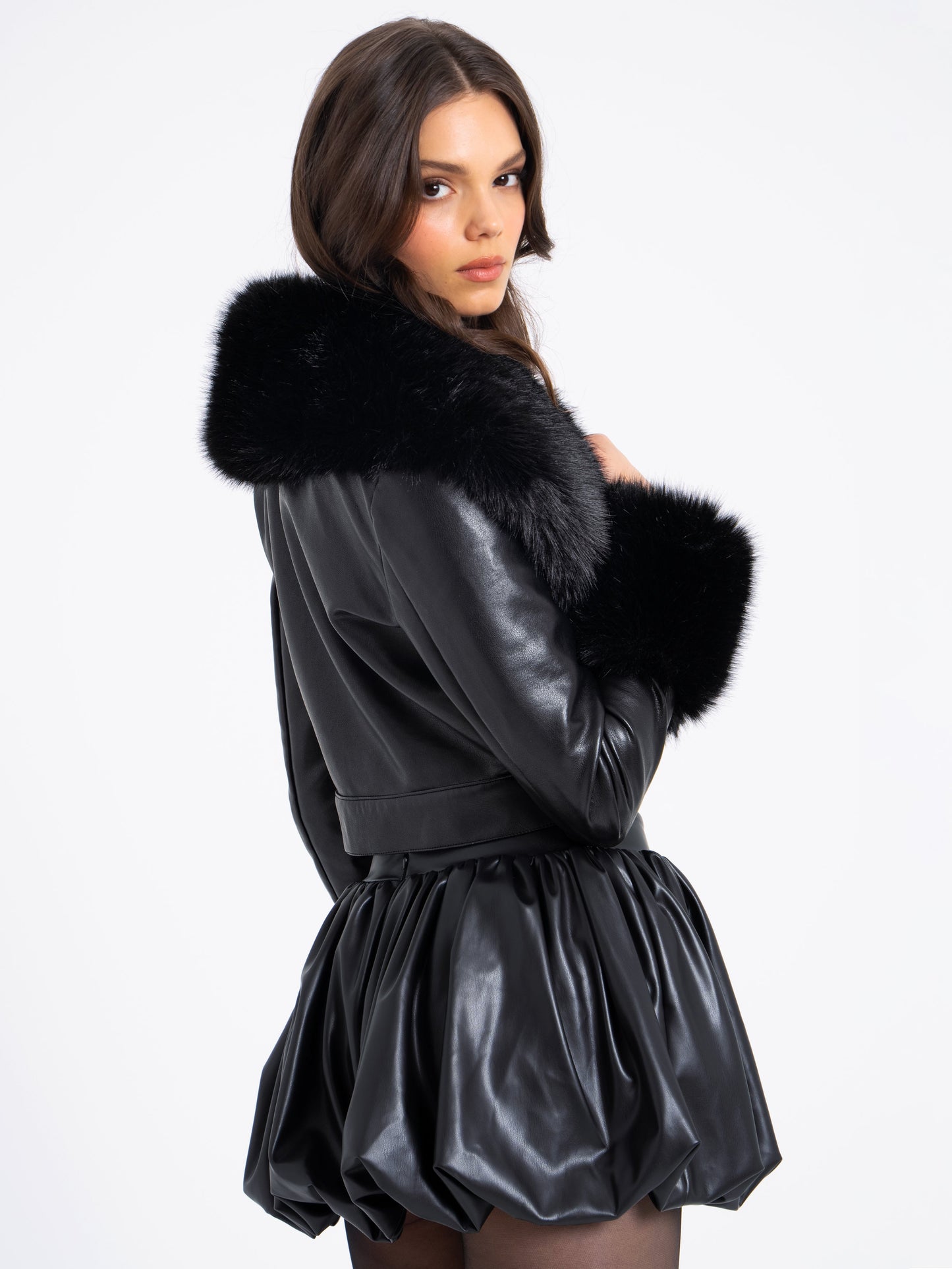 Ziah Cropped Leather Jacket with Fur Collar