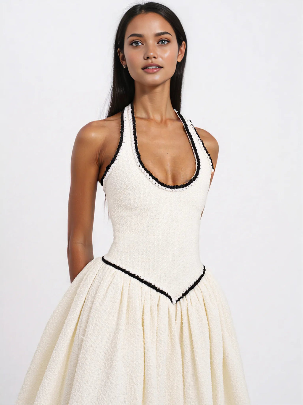 Natalie U Neck Halter Drop Waist Tweed Midi Dress - HOUSE OF SHE