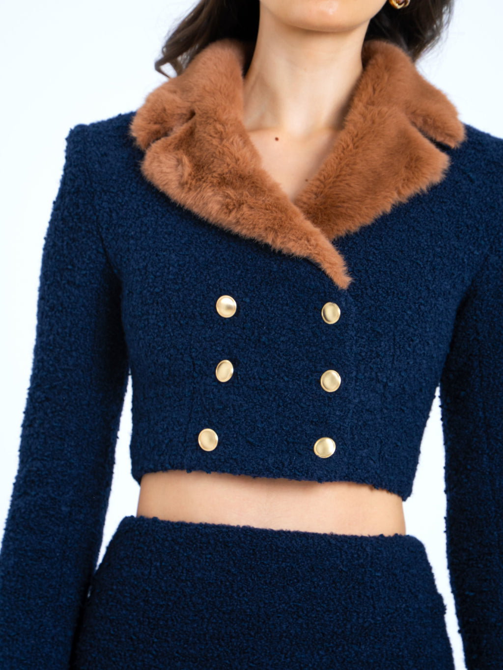 Wava Navy Blue Fur Cropped Boucle Wool Jacket - HOUSE OF SHE