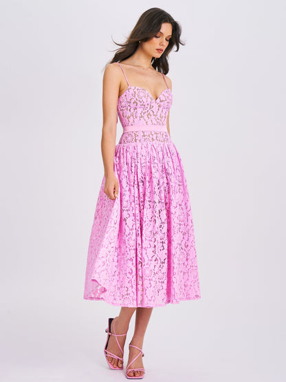 Lorena Pink Lace Drop Waist Midi Dress