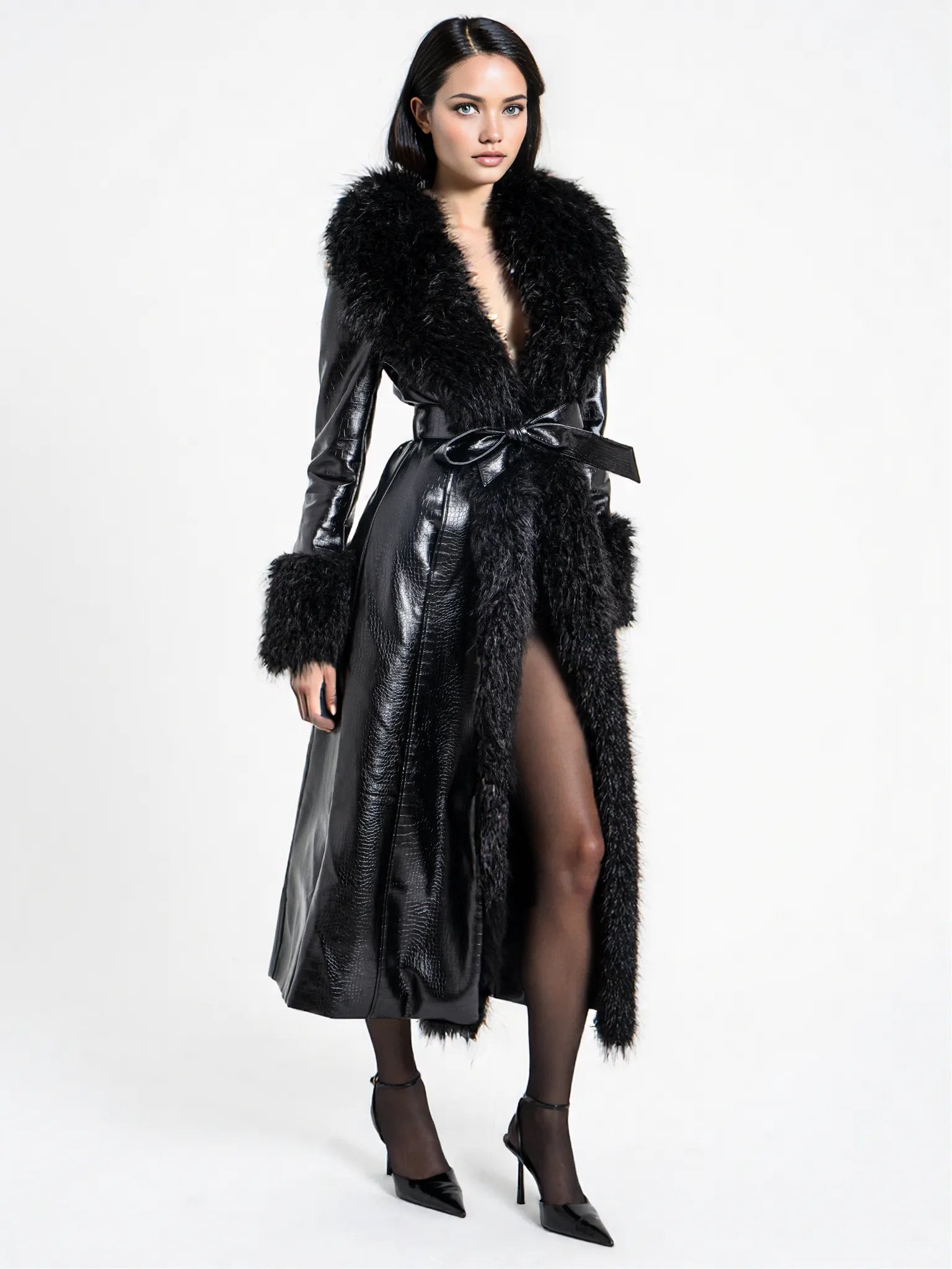 Zella Black Fur Vegan Croc Leather Coat