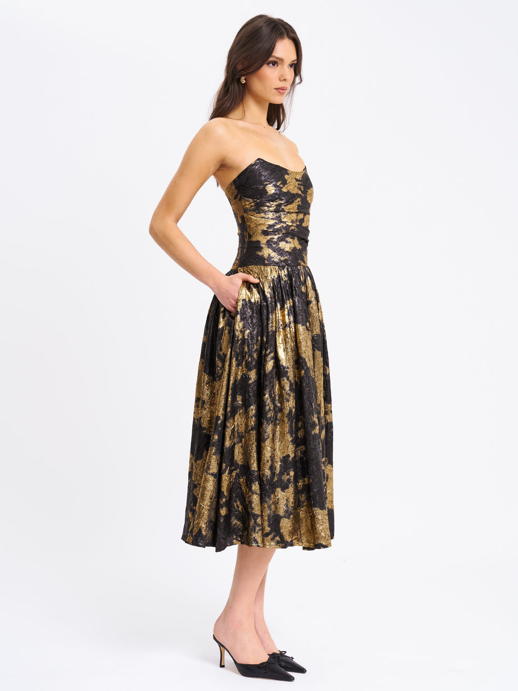 Saanvi Gold Tie Dye Bronzing Strapless Drop Waist Midi Dress  HOUSE OF SHE