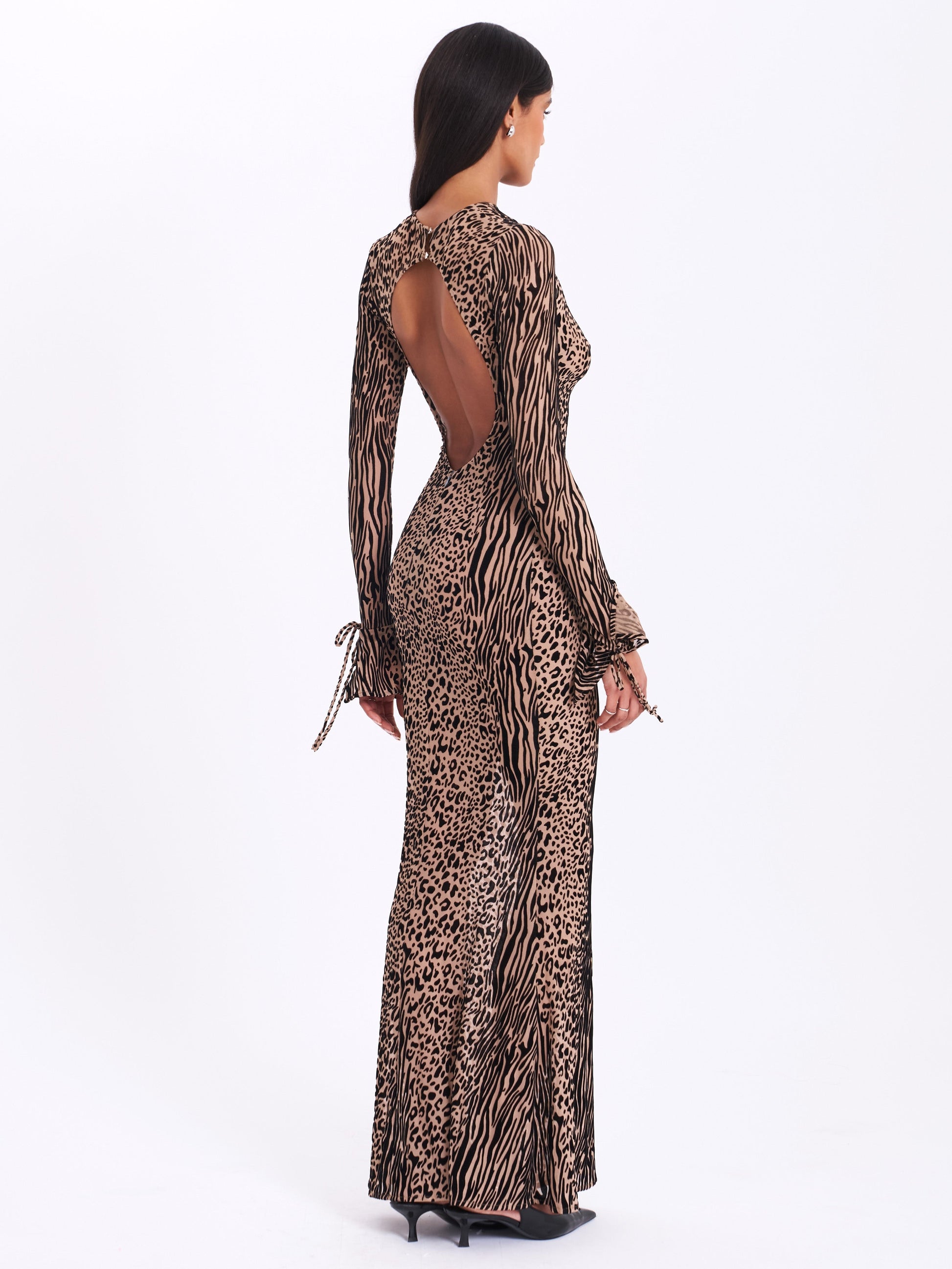 Waylynn Nude Black Animal Print Burnout Velvet Detail Mesh Backless Maxi Dress - HOUSE OF SHE