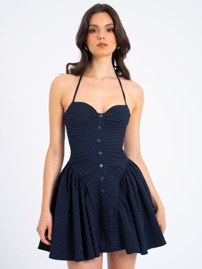 Melody Navy Blue Pinstripe Halter Drop Waist Mini Dress