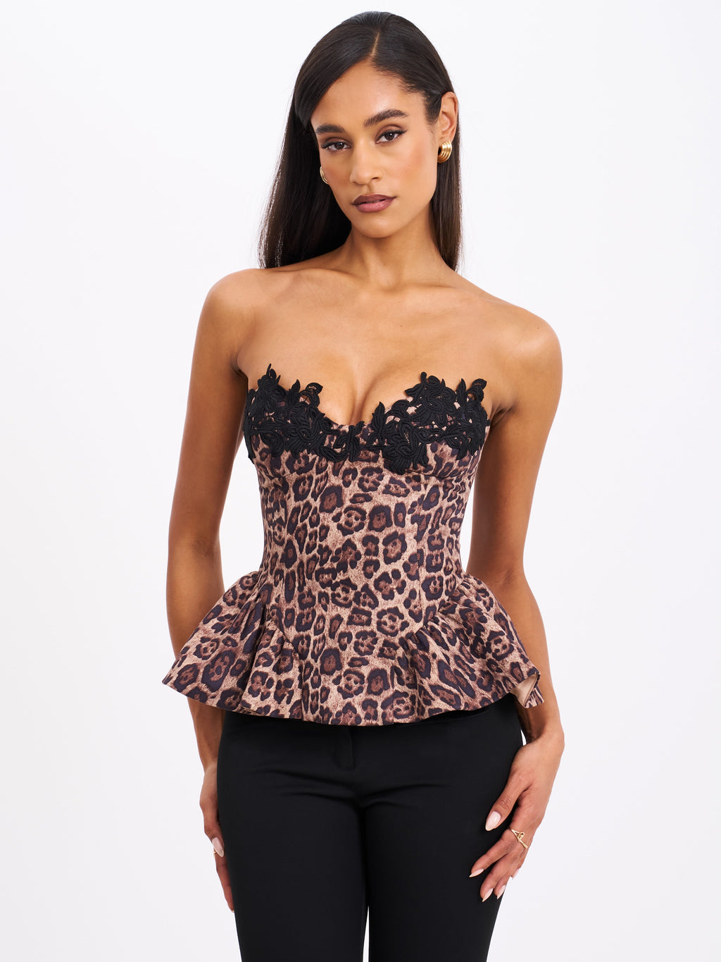 Qiara Cheetah Print Peplum Top with Lace Trim  HOUSE OF SHE
