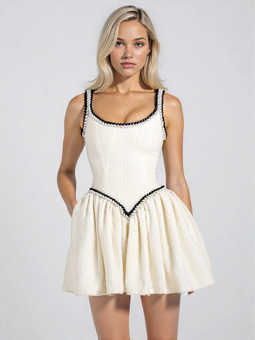 Coco White Boucle Tweed V Waist Mini Dress - HOUSE OF SHE