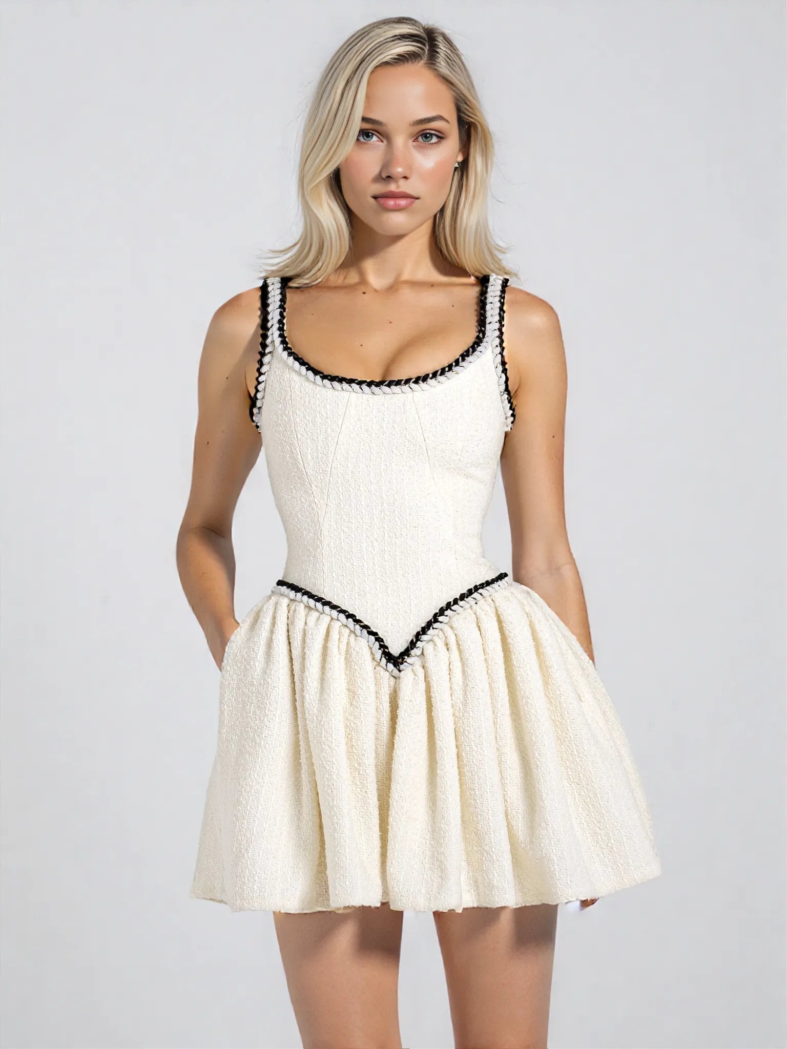 Coco White Boucle Tweed V Waist Mini Dress