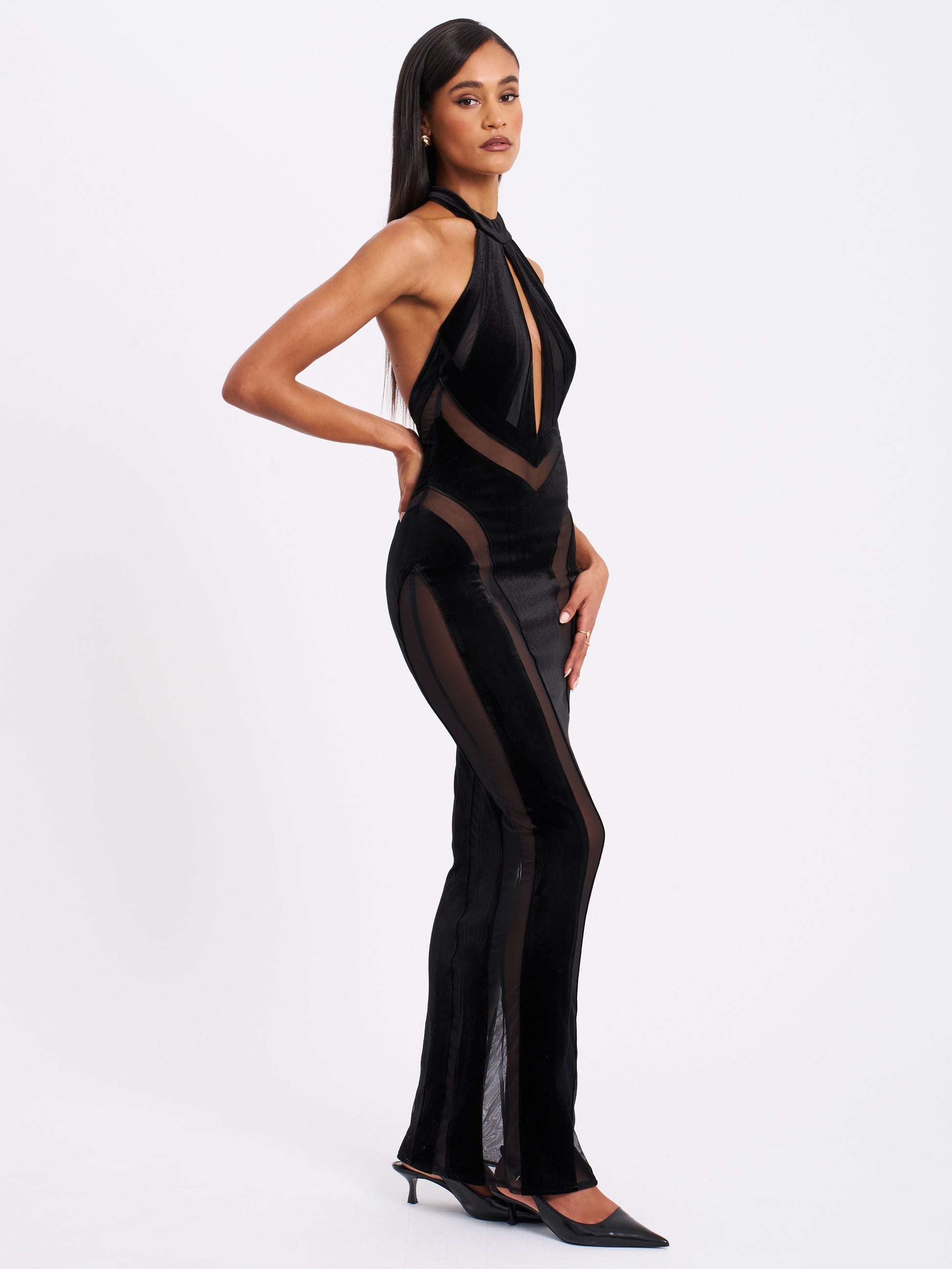 Paityn Black Velvet Mesh Cutout Halter Gown - HOUSE OF SHE