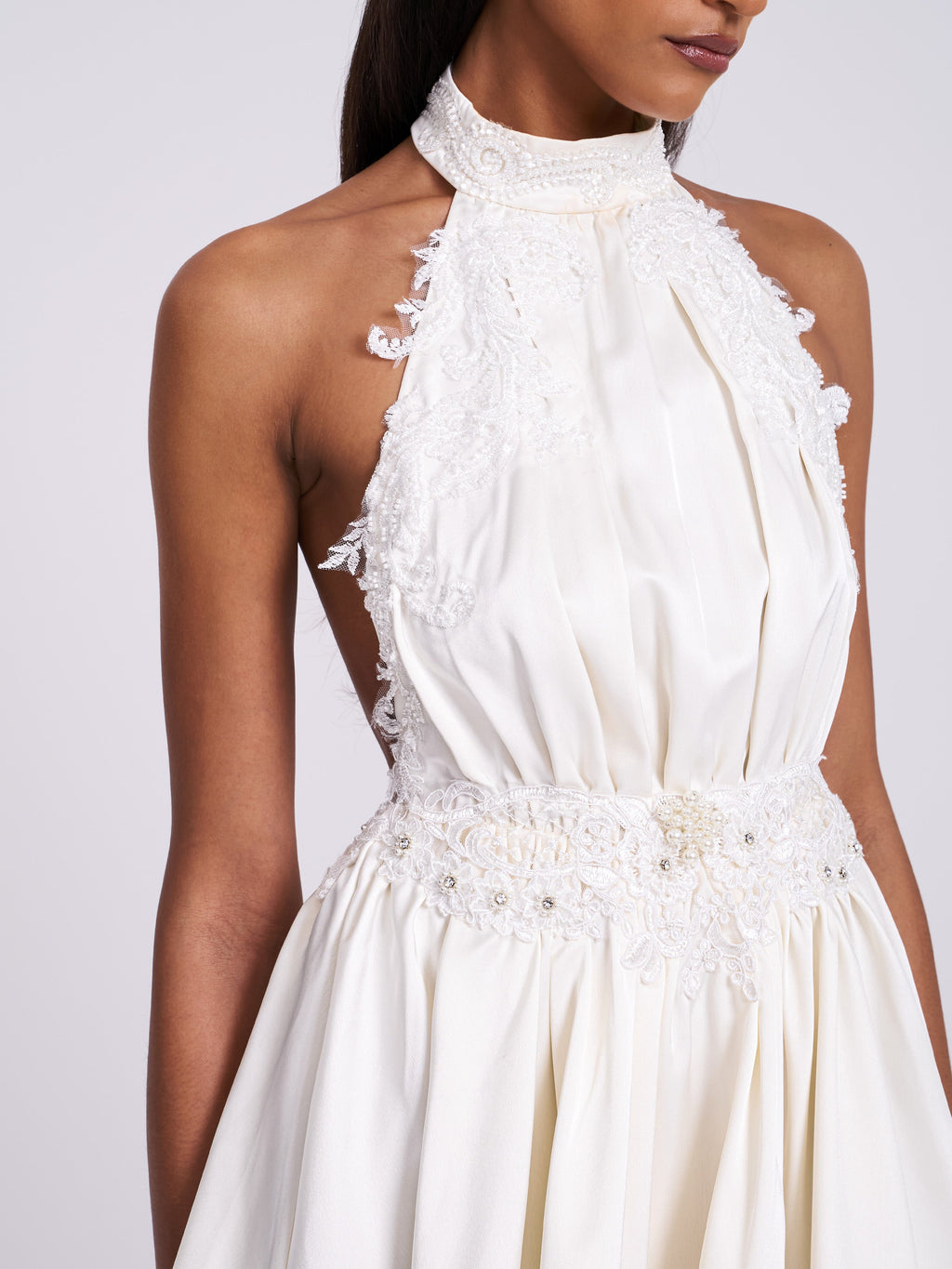 Idalia Pearl White Beaded Lace Trim Backless Halter Mini Dress - HOUSE OF SHE