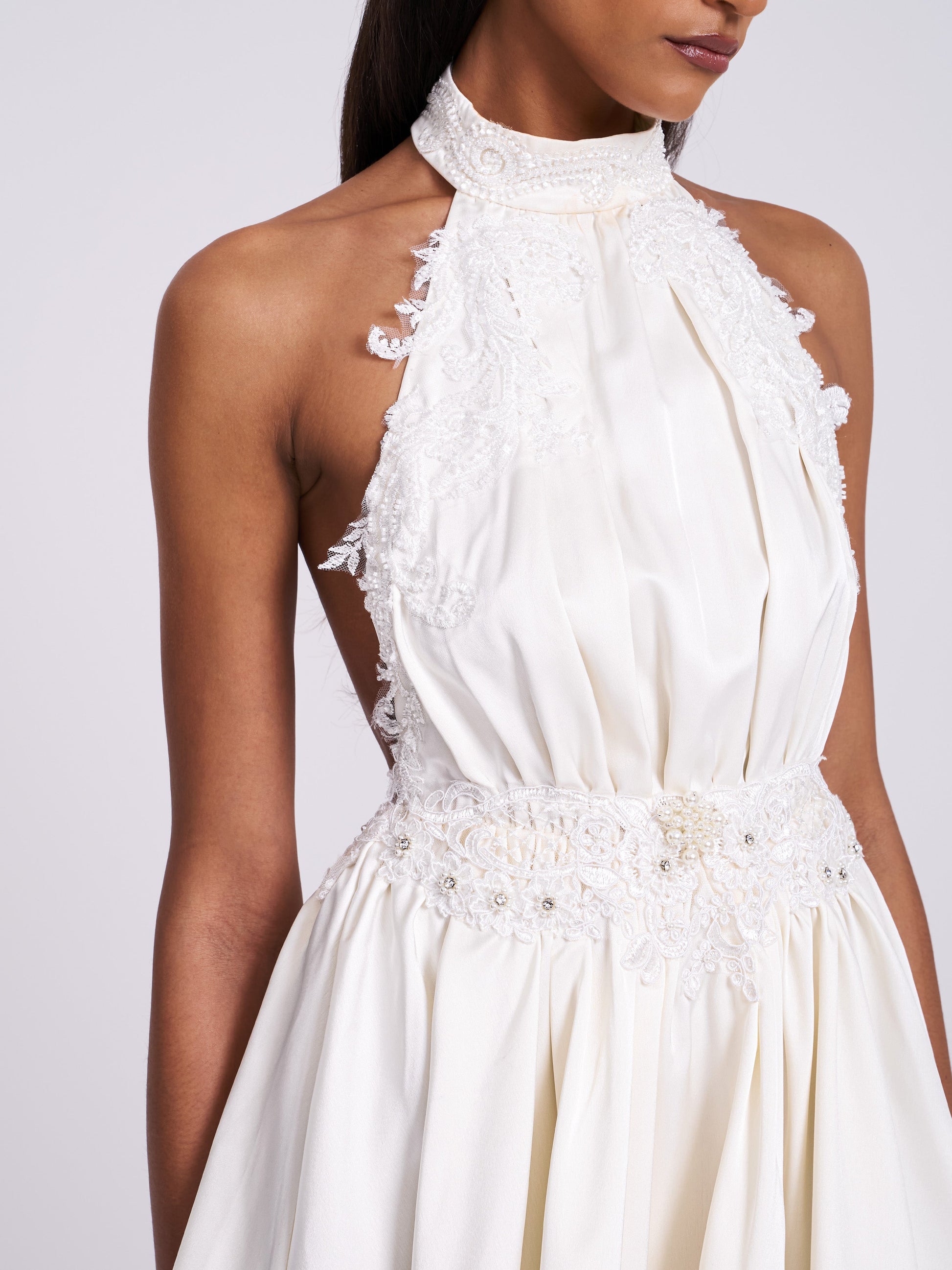 Idalia Pearl White Beaded Lace Trim Backless Halter Mini Dress - HOUSE OF SHE