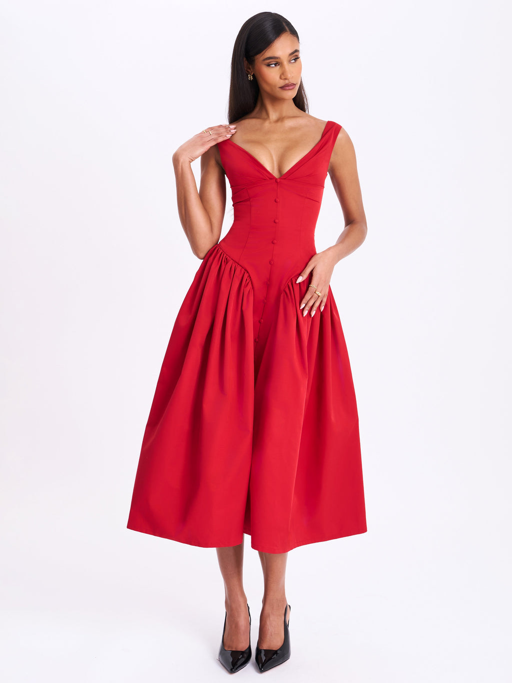 Nahla Red Drop Waist Midi Dress with Buttons - HOUSE OF SHE