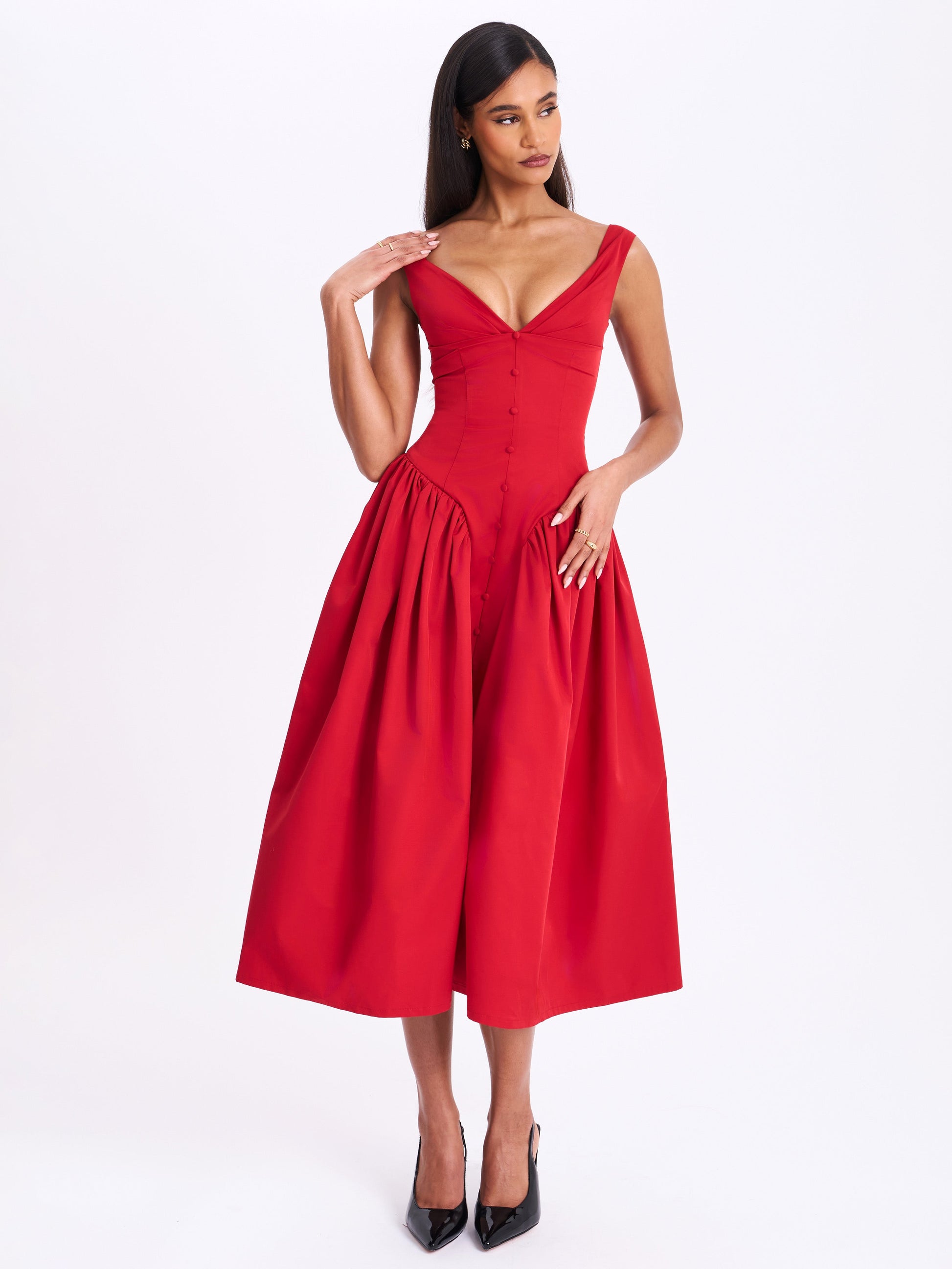 Nahla Red Drop Waist Midi Dress with Buttons - HOUSE OF SHE
