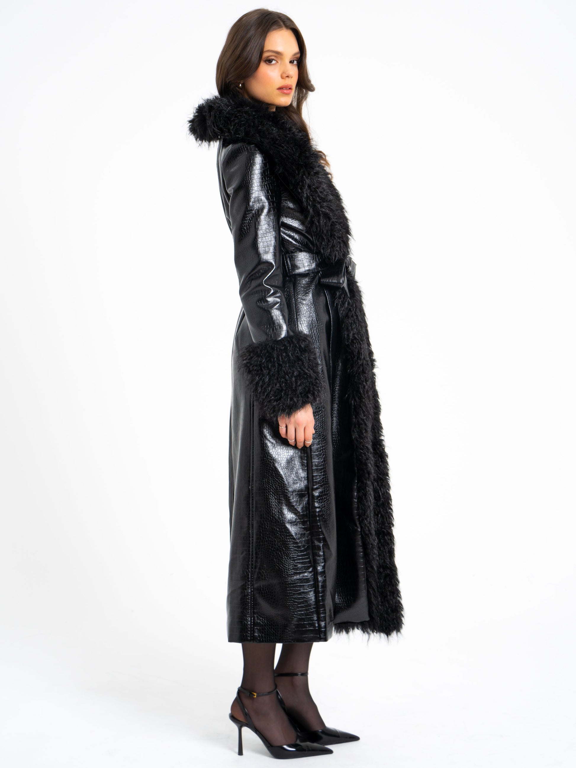 Zella Black Fur Vegan Croc Leather Coat