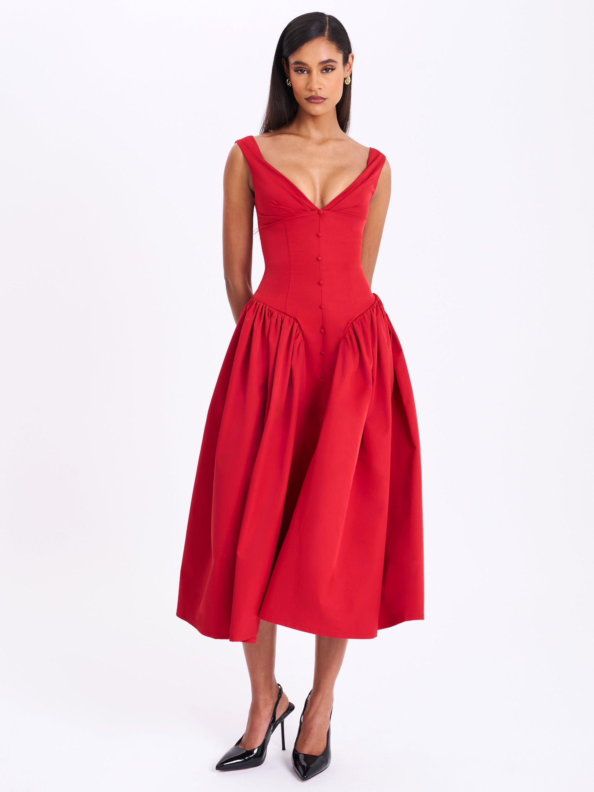 Nahla Red Drop Waist Midi Dress with Buttons - HOUSE OF SHE