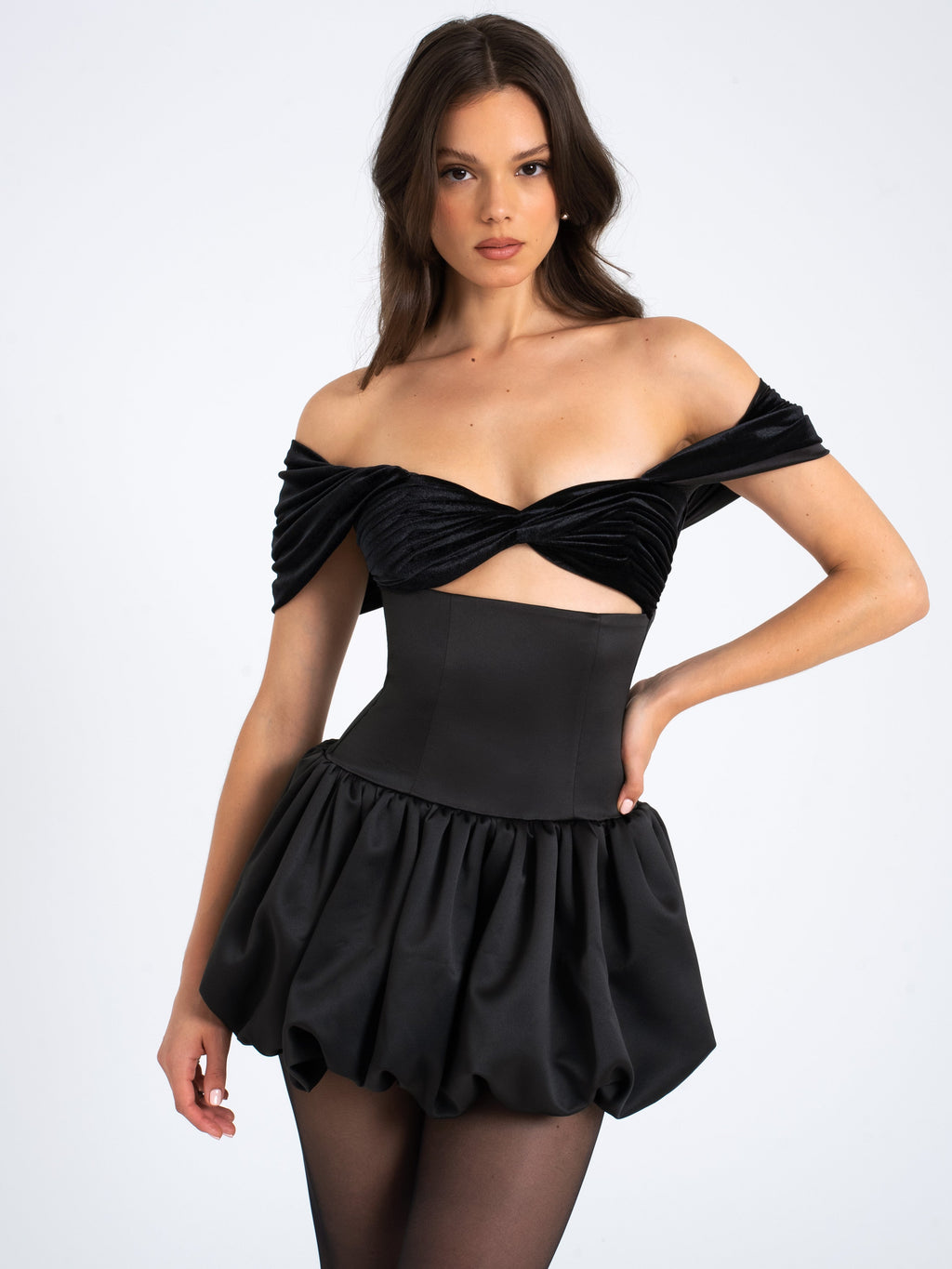 Gabby Black Velvet Top Bubble Hem Mini Dress - HOUSE OF SHE