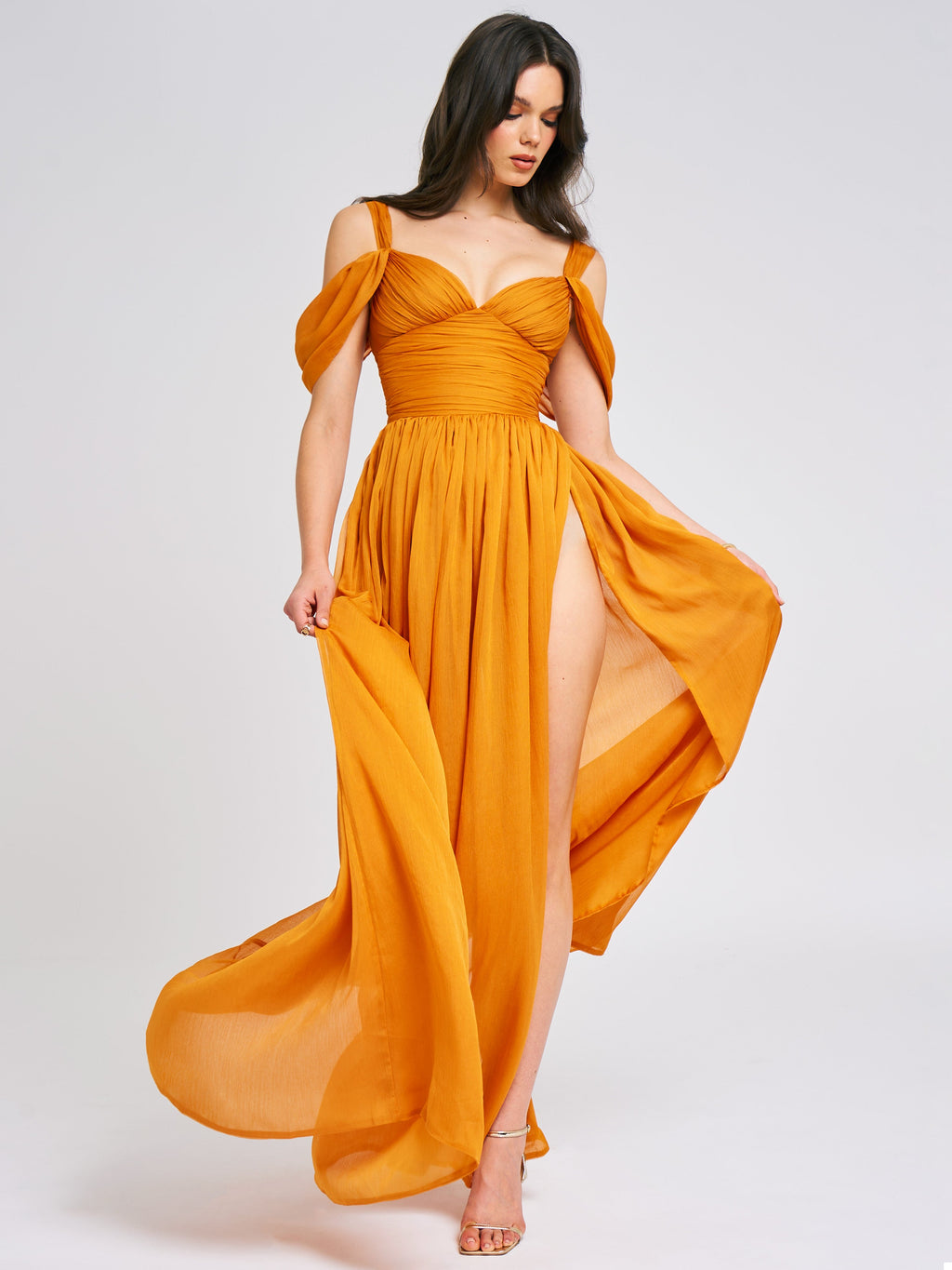 Jelani Layered Mesh High-Slit Drape Maxi Dress  HOUSE OF SHE