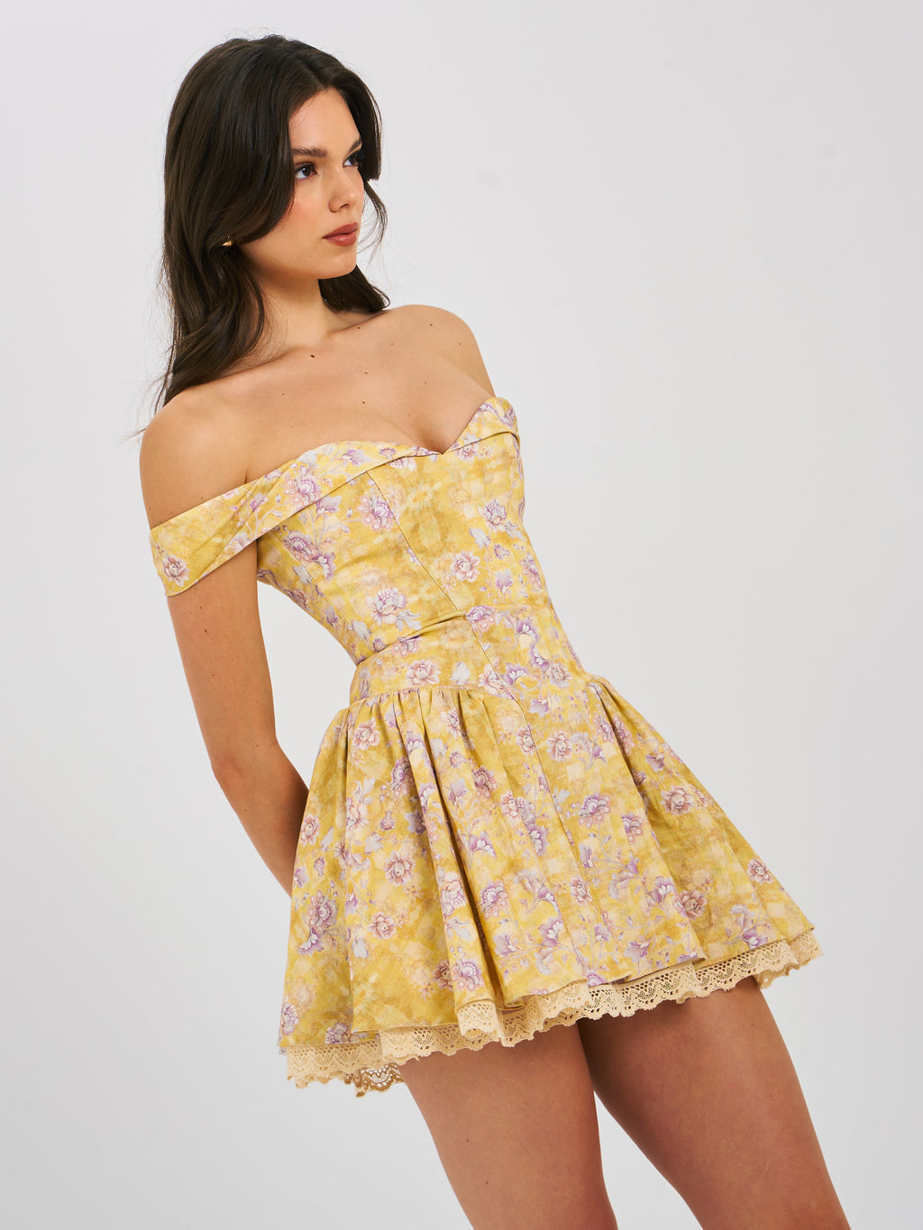 Oana Floral Print Linen Off Shoulder Mini Dress - HOUSE OF SHE
