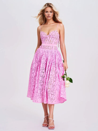 Lorena Pink Lace Drop Waist Midi Dress