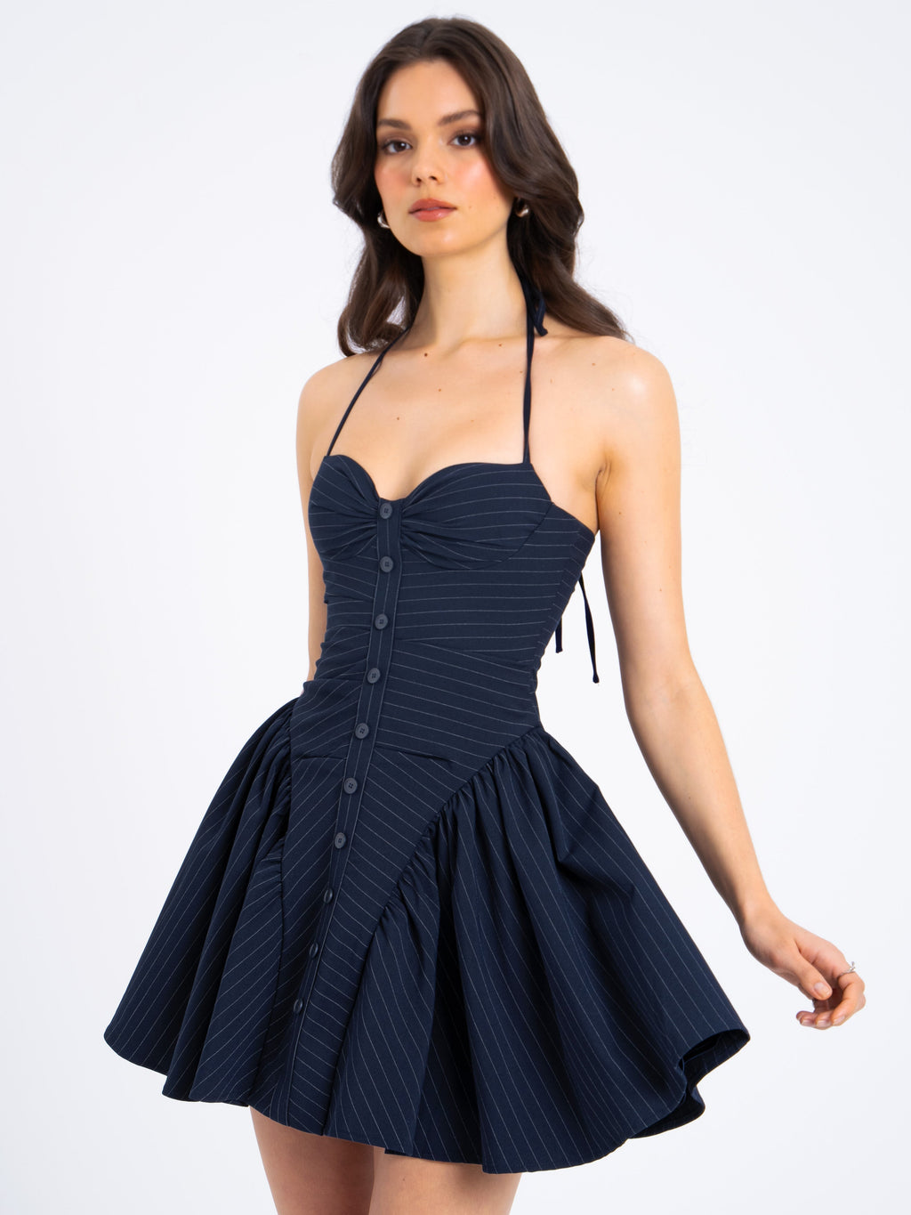 Melody Navy Blue Pinstripe Halter Drop Waist Mini Dress - HOUSE OF SHE