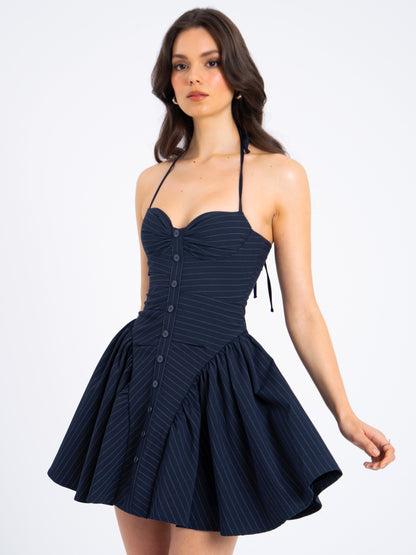 Melody Navy Blue Pinstripe Halter Drop Waist Mini Dress