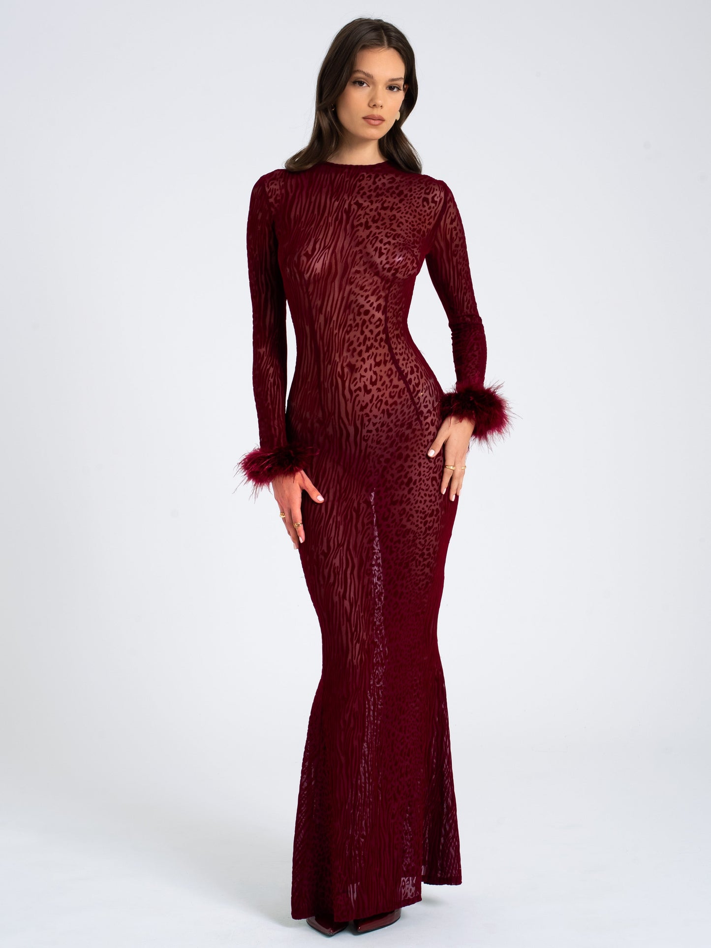 Patricia Burgundy Leopard Burnout Velvet Mesh Backless Maxi Dress