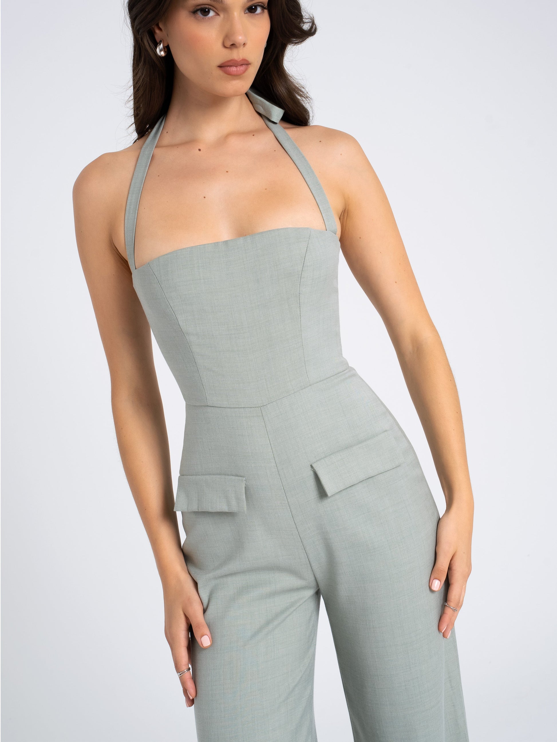 Zaria Sage Green Wide Leg Halter Jumpsuit  HOUSE OF SHE