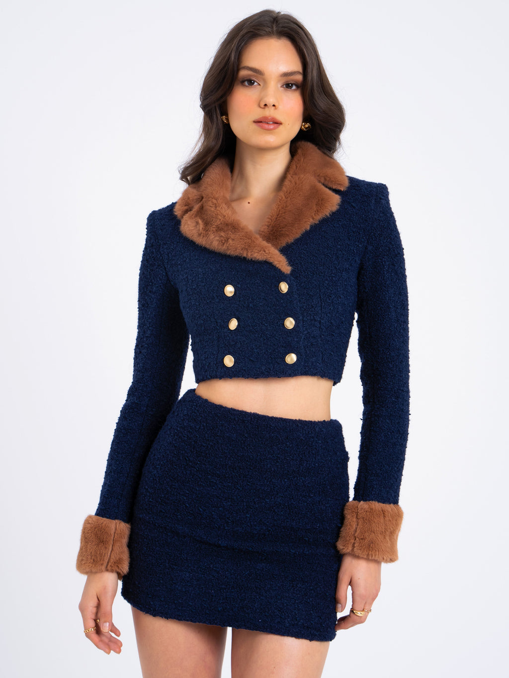 Wava Navy Blue Fur Cropped Boucle Wool Jacket - HOUSE OF SHE