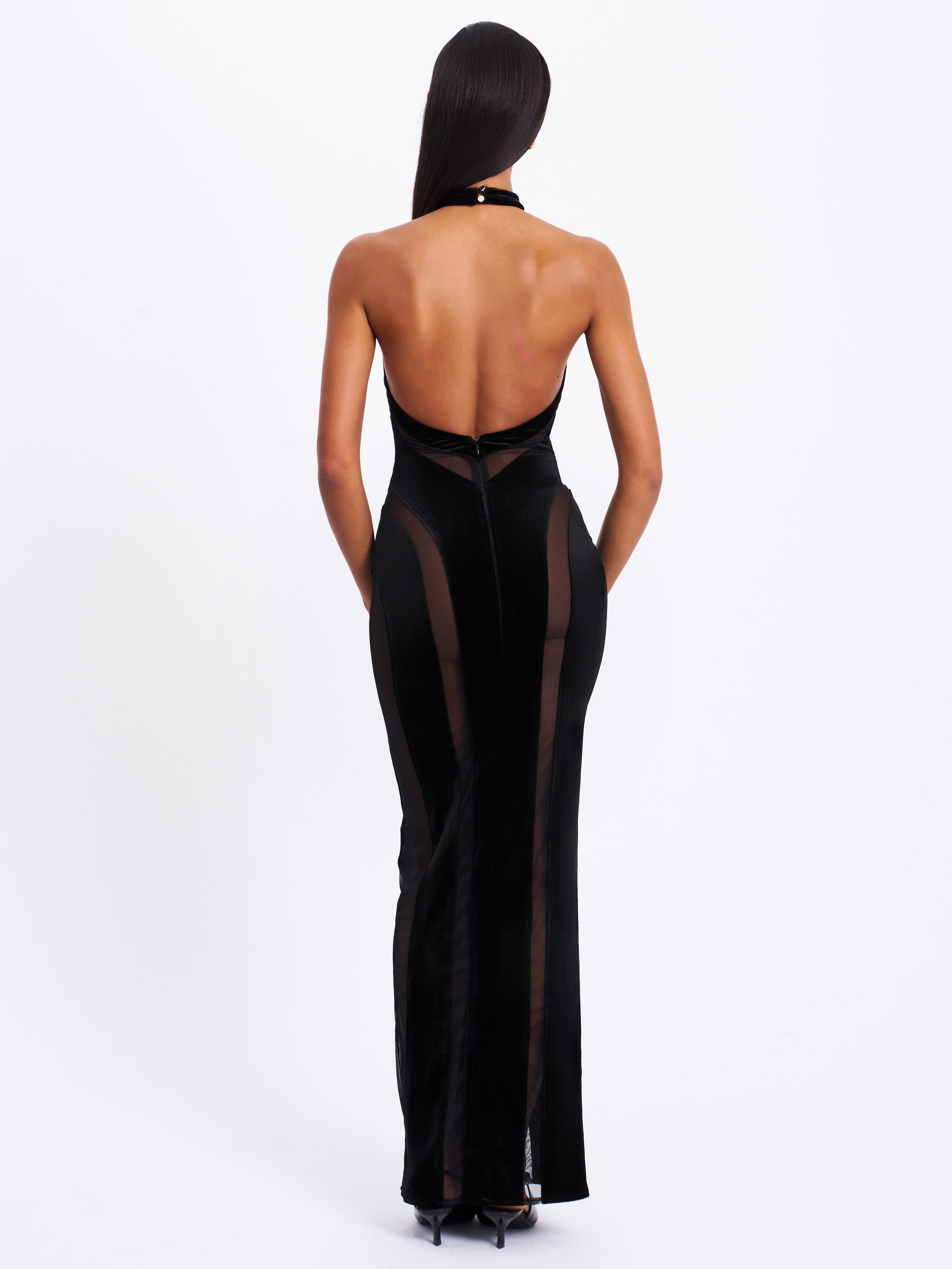Paityn Black Velvet Mesh Cutout Halter Gown - HOUSE OF SHE