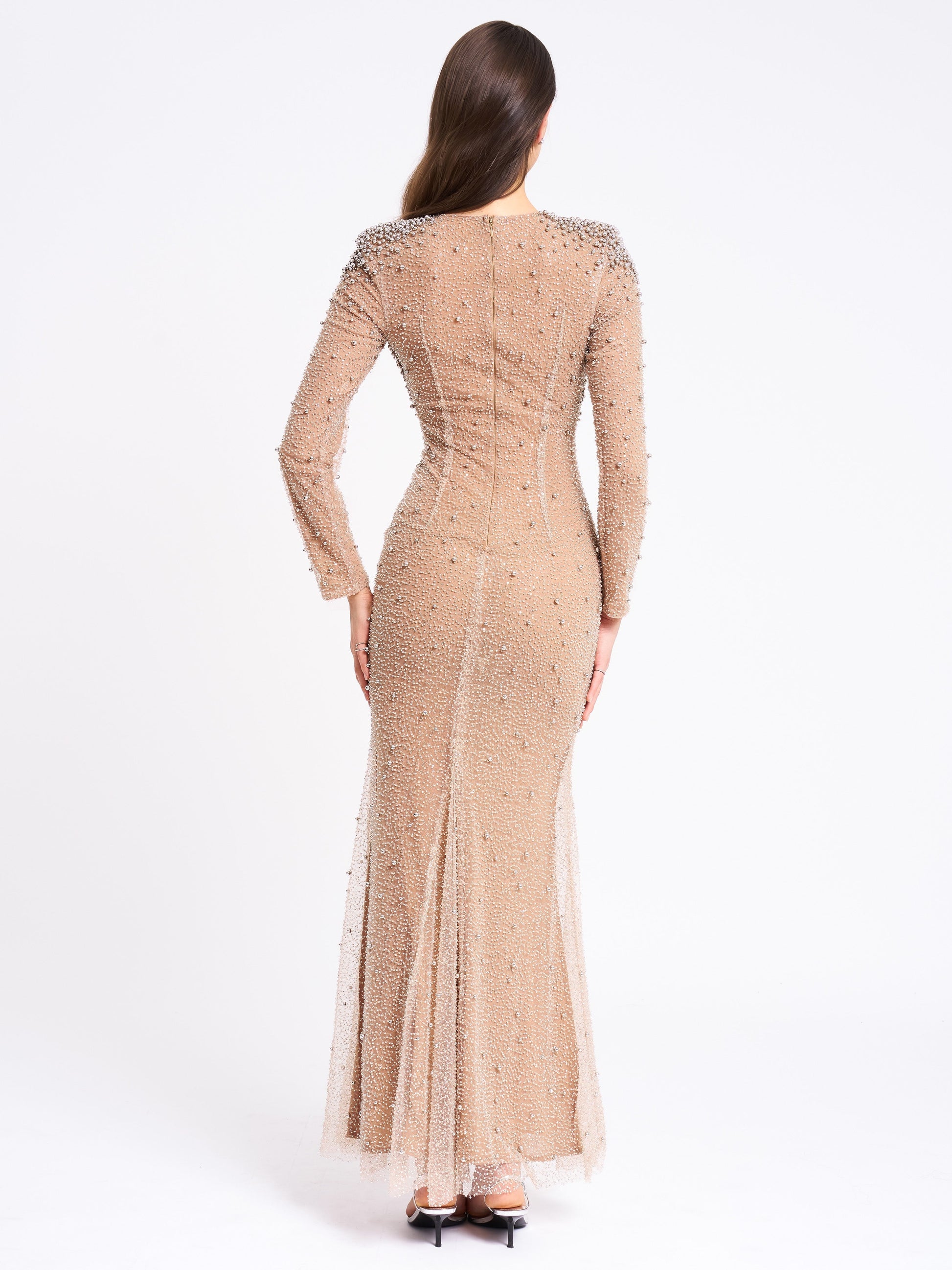 Rita Sequin Mesh Silver Beaded Mermaid Dress